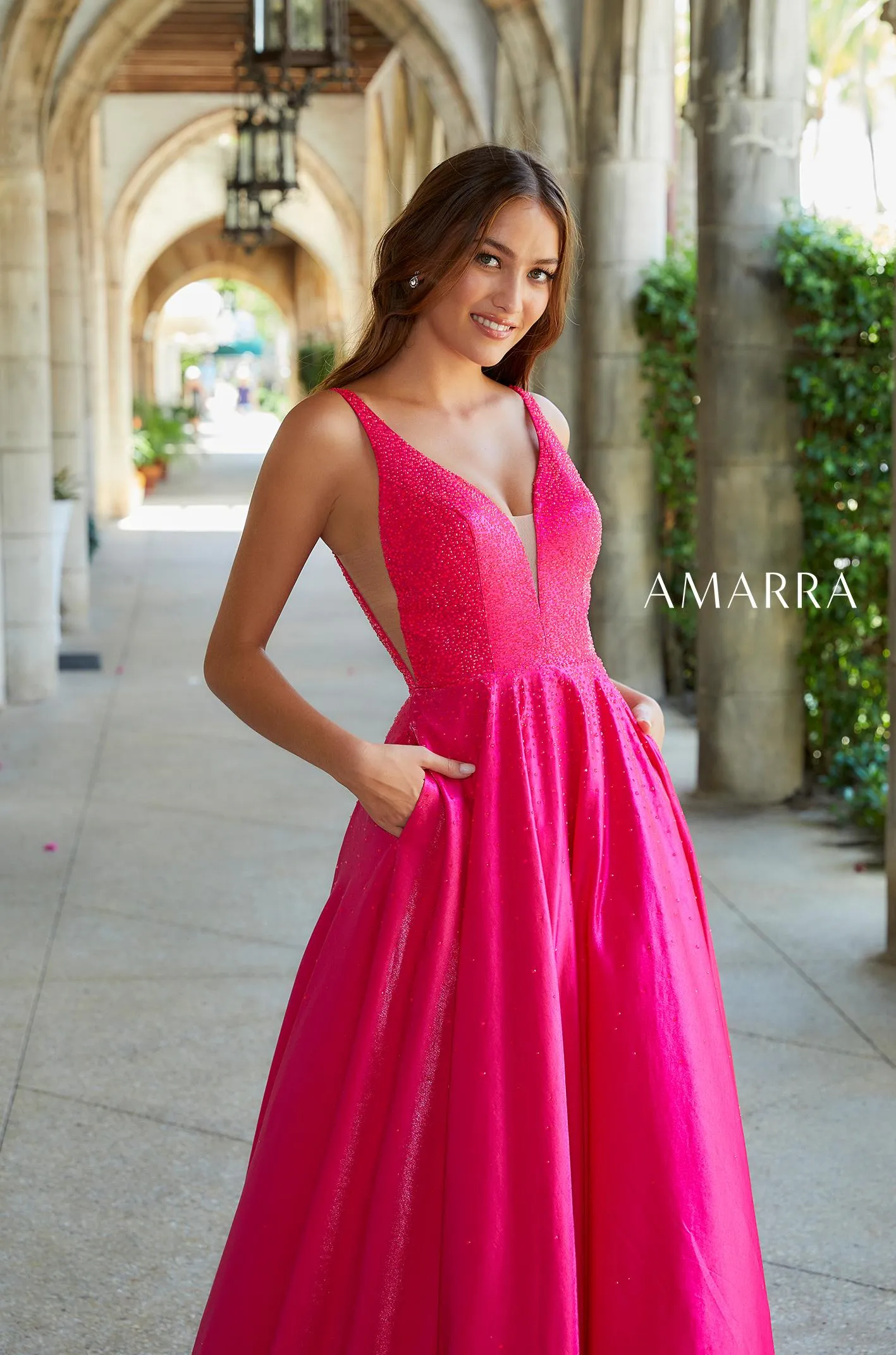 Amarra 87309 Size 2 Long A Line V Neck Prom Dress Pockets Backless Formal Ball Gown
