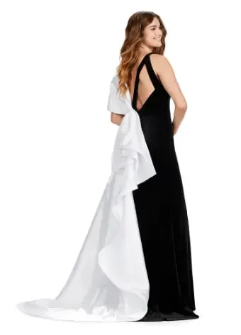 Ashley Lauren 11527 Long Prom Dress  Fitted V Neckline Satin Bow Side Skirt Open Back Formal Pageant Gown