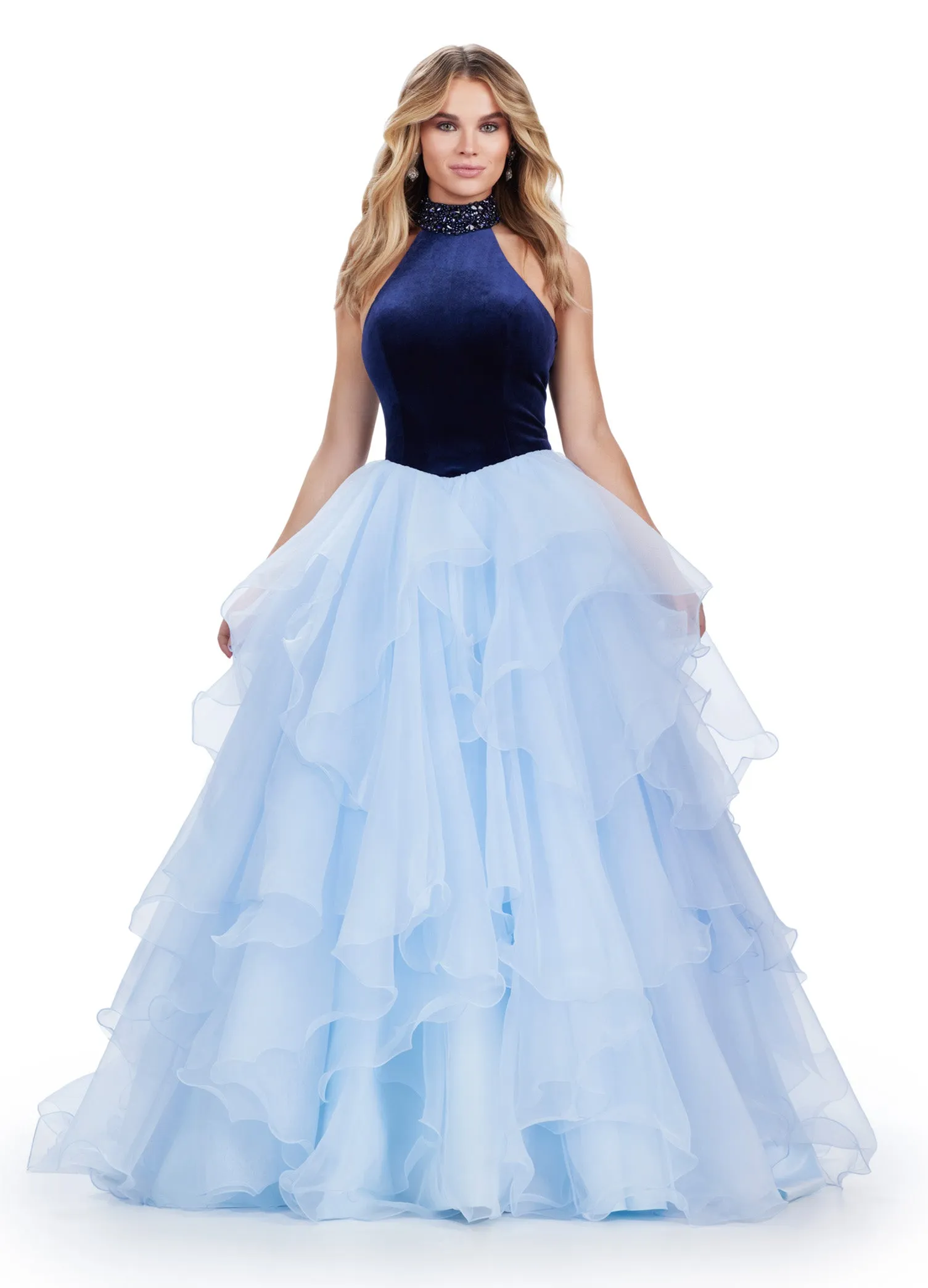 Ashley Lauren 11562 Long Prom Dress Organza Ball Gown Velvet Bustier Beaded Collar Formal Pageant