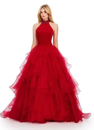 Ashley Lauren 11562 Long Prom Dress Organza Ball Gown Velvet Bustier Beaded Collar Formal Pageant