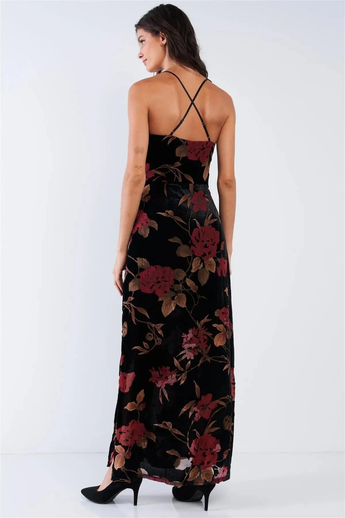 Black Velvet Multi Color Floral Print V-Neck Criss-Cross Back Straps Maxi Dress /1-3-2-1