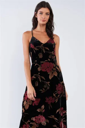 Black Velvet Multi Color Floral Print V-Neck Criss-Cross Back Straps Maxi Dress /1-3-2-1