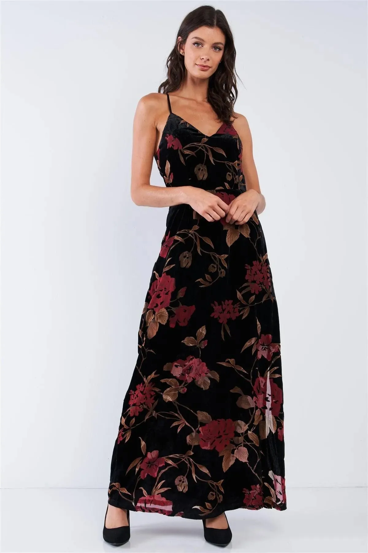 Black Velvet Multi Color Floral Print V-Neck Criss-Cross Back Straps Maxi Dress /1-3-2-1