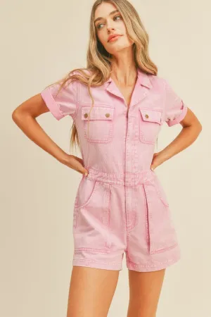 Cool Pink Washed Denim Utility Romper