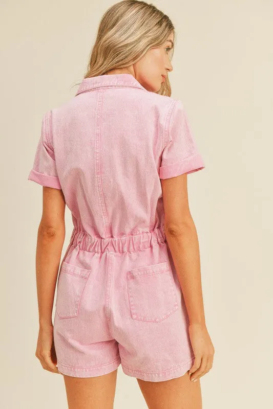 Cool Pink Washed Denim Utility Romper