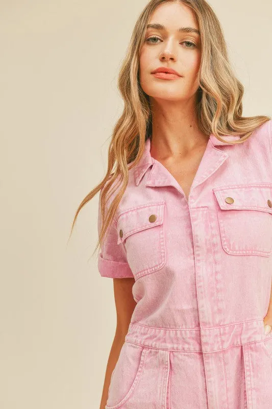 Cool Pink Washed Denim Utility Romper