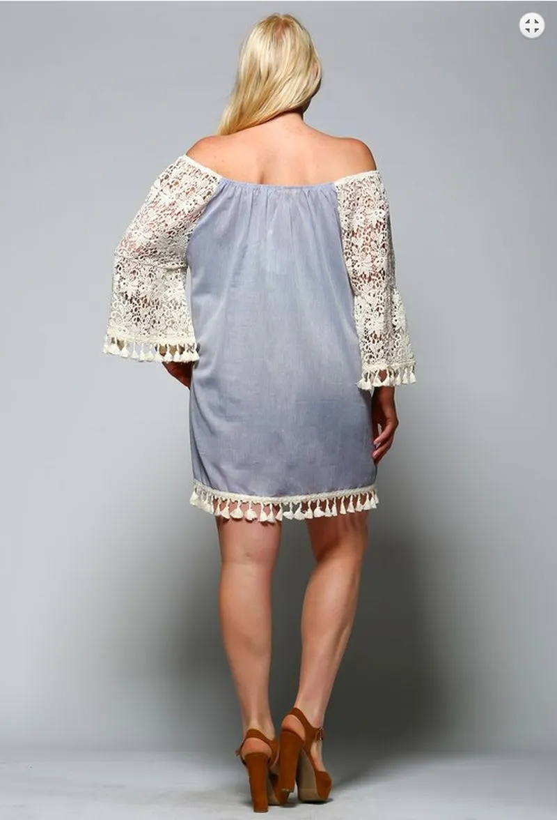 Crochet Sleeve Fringe Dress, Blue