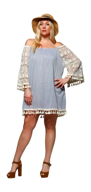 Crochet Sleeve Fringe Dress, Blue