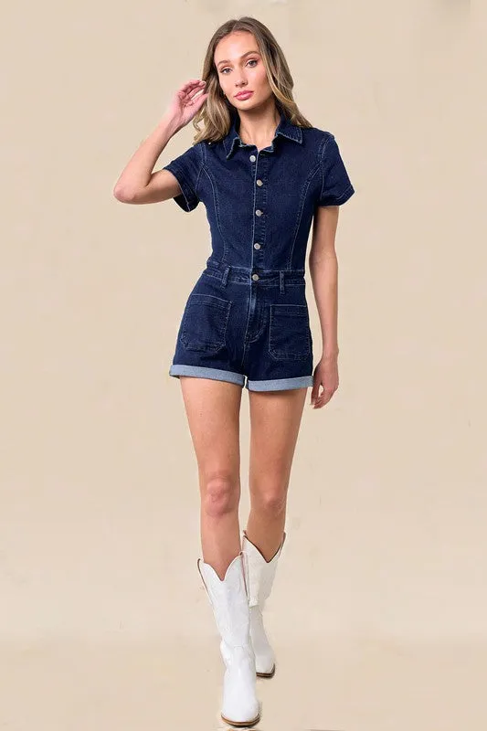Dark Denim Stretch Denim Romper With Button Down Detail