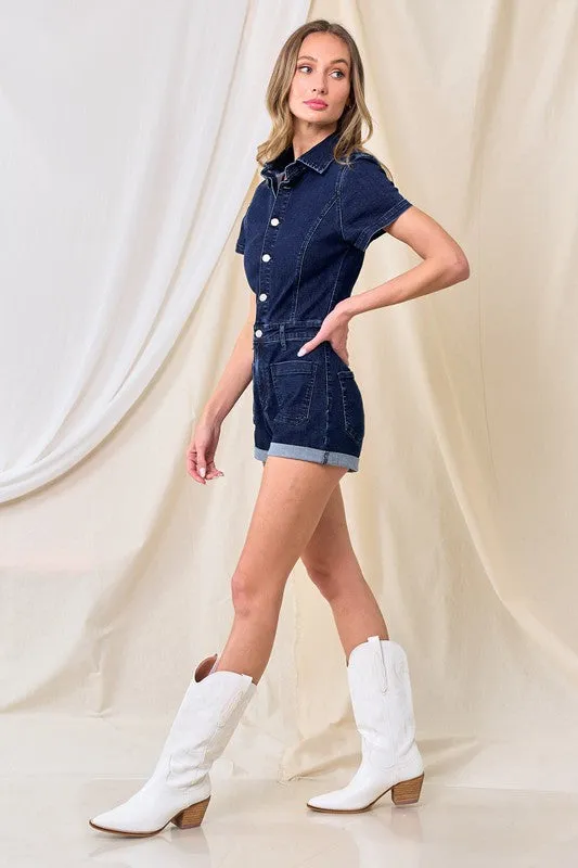 Dark Denim Stretch Denim Romper With Button Down Detail