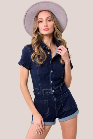 Dark Denim Stretch Denim Romper With Button Down Detail