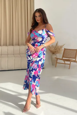 Girl In Mind Camila Blue And Pink Floral Satin Wrap Midi Dress