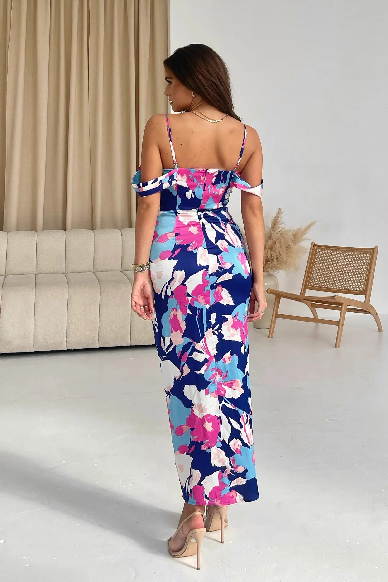 Girl In Mind Camila Blue And Pink Floral Satin Wrap Midi Dress
