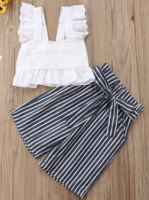 Girls White Eyelet Ruffled Sleeve Cropped Top And Navy Cropped Striped Palazzo Pants