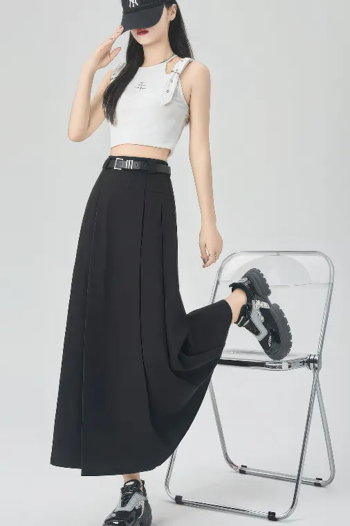 Gray Pleated A-Line Maxi Skirt
