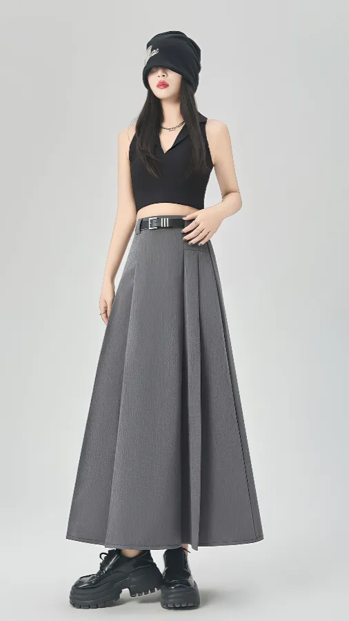 Gray Pleated A-Line Maxi Skirt