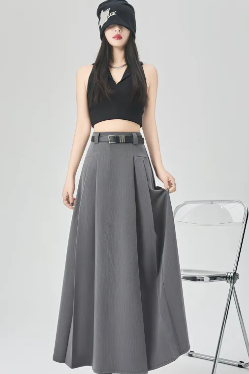 Gray Pleated A-Line Maxi Skirt
