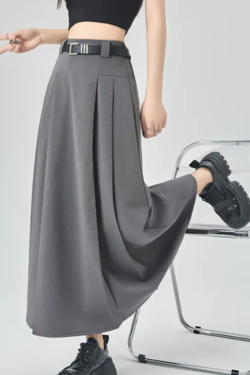 Gray Pleated A-Line Maxi Skirt