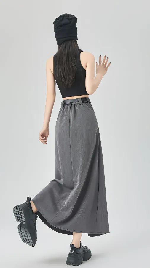 Gray Pleated A-Line Maxi Skirt