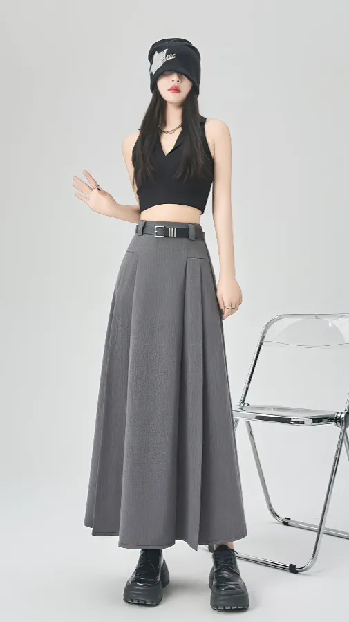Gray Pleated A-Line Maxi Skirt