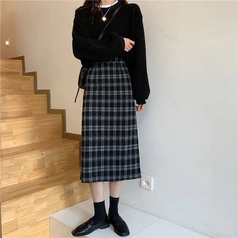 High Waist Sexy Plaid Midi Long Skirts