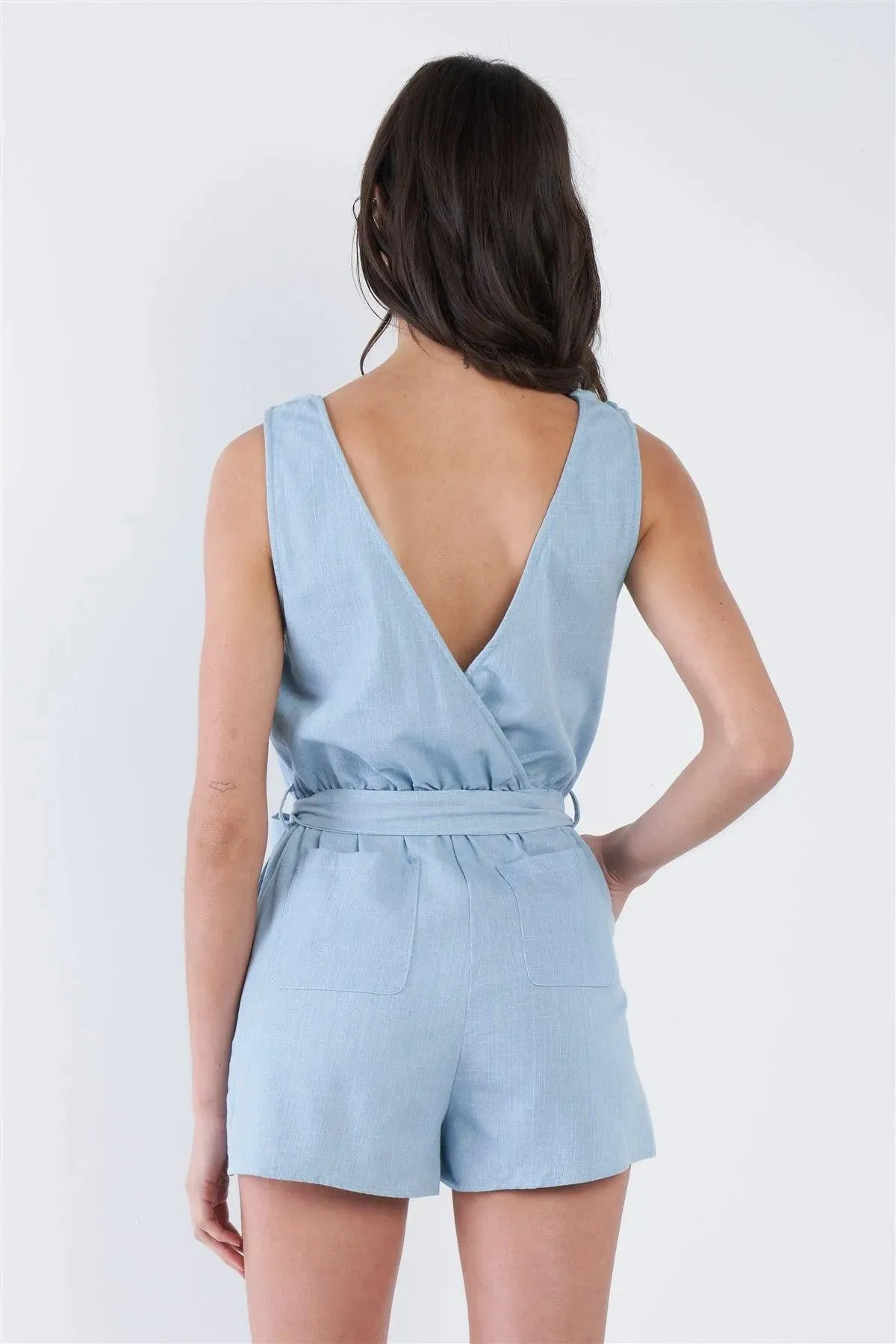 Light Denim Blue Cotton V-Neck Front Button Short Romper /2-1-1