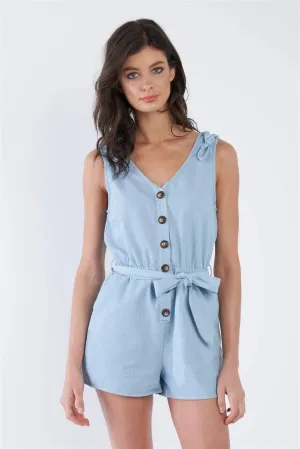Light Denim Blue Cotton V-Neck Front Button Short Romper /2-1-1