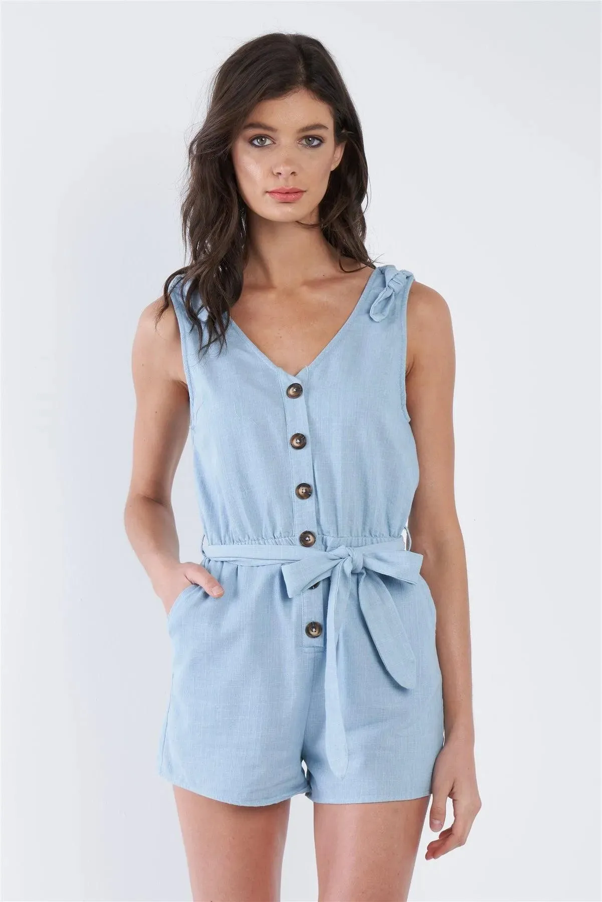 Light Denim Blue Cotton V-Neck Front Button Short Romper /2-1-1