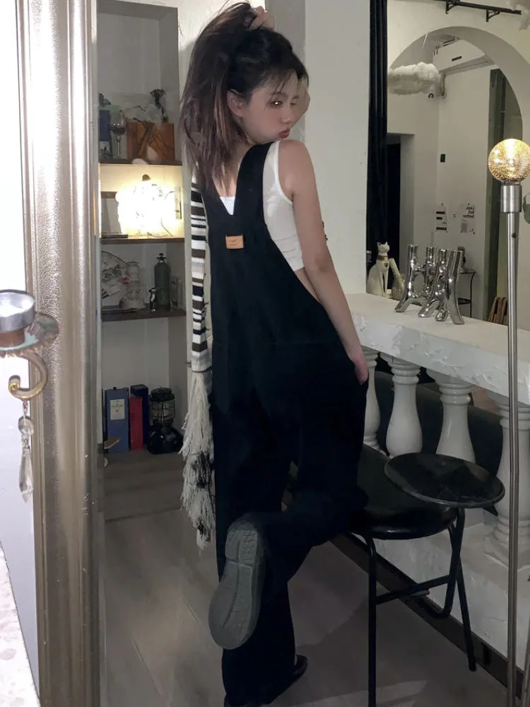 Loose Wide Leg Style Black Denim Jumpsuits
