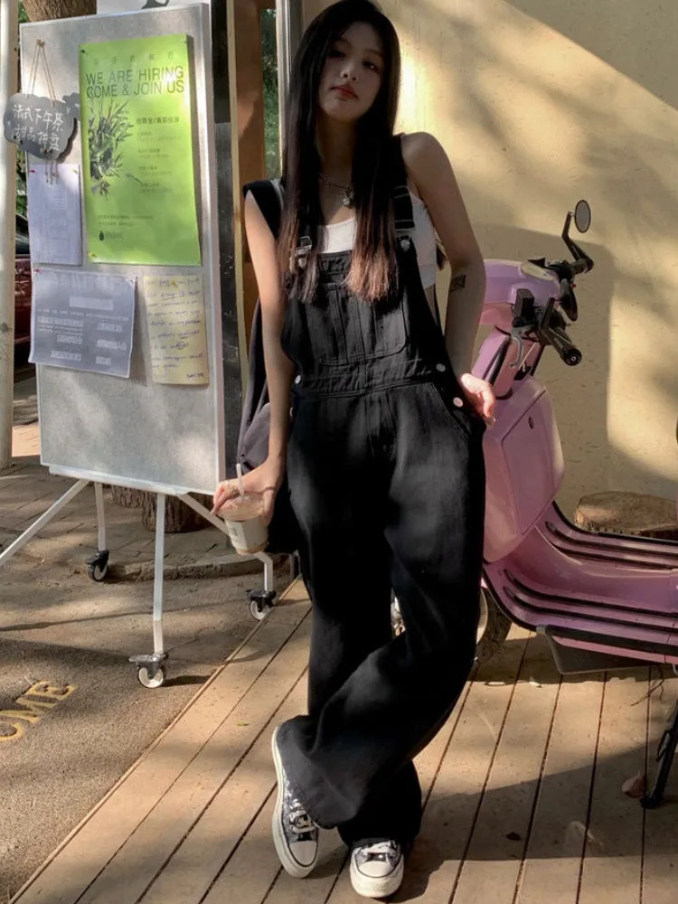 Loose Wide Leg Style Black Denim Jumpsuits