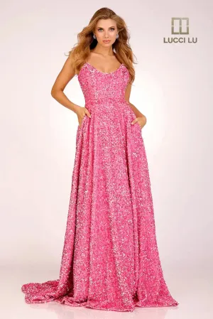 Lucci Lu 1273 Size 00 Hot Pink Long A Line Velvet Sequin Ball Gown Backless Prom Dress Corset V neck Corset