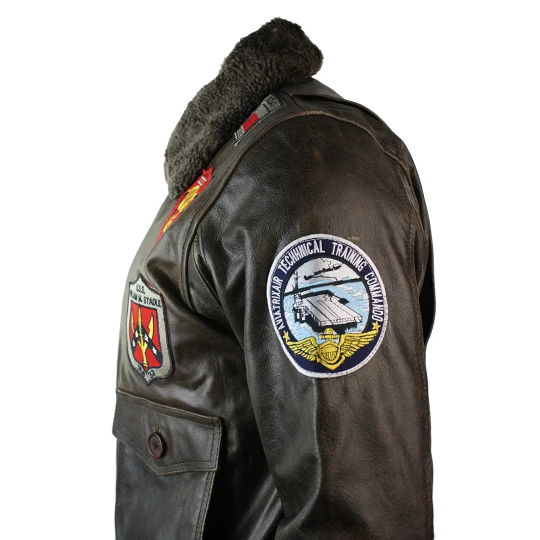 Men's Leather US Aviator Air Force Pilot Flying Bomber Jacket Black Fur Collar