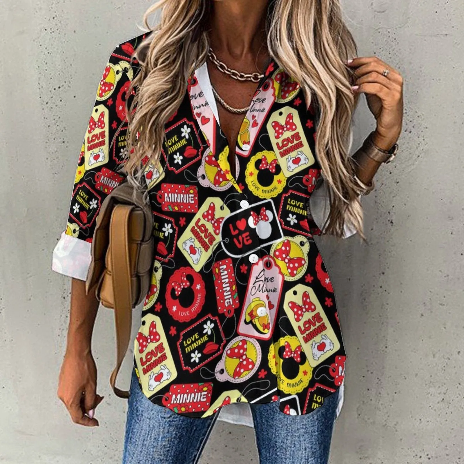 Minnie Tags Long Sleeve Button Up Blouse