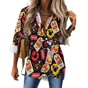 Minnie Tags Long Sleeve Button Up Blouse