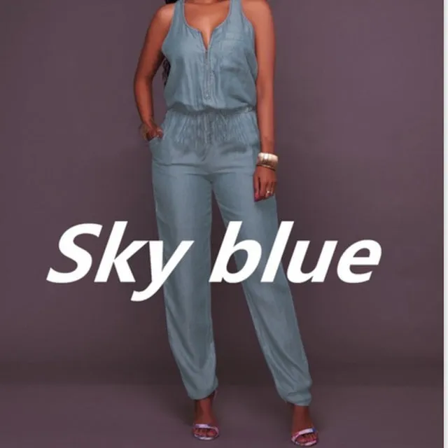 One Piece Denim Romper With Belt