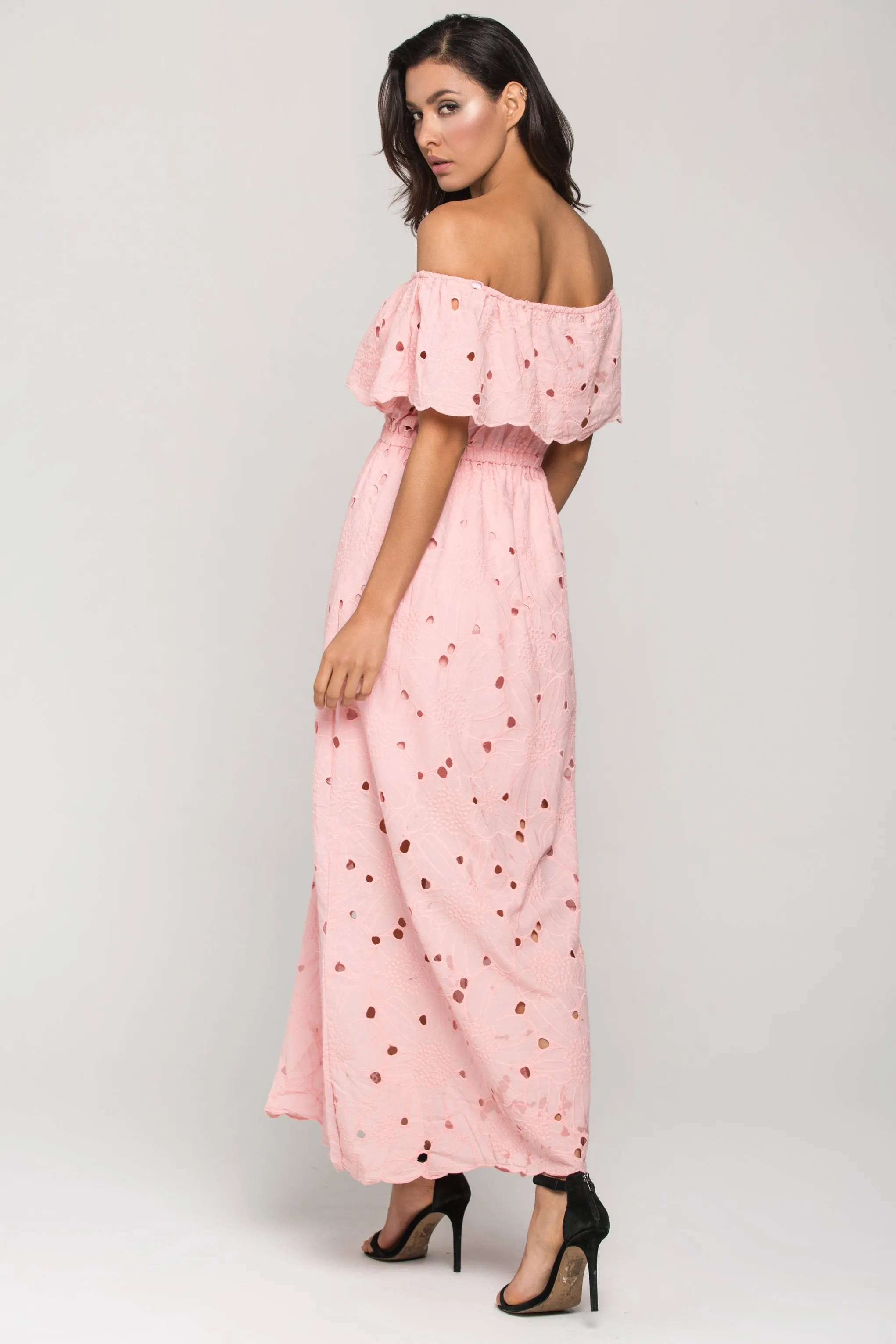 Pink Floral Eyelet Off the Shoulder Midi Dress