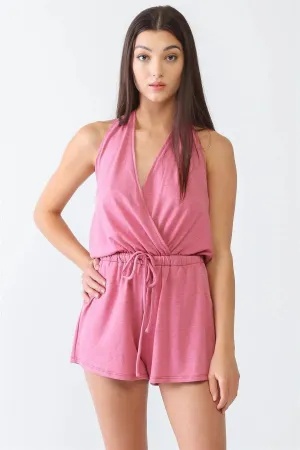 Pink Wrap V-Neck Two Pocket Open Back Romper /1-1-1