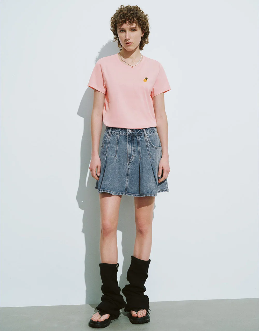 Pleated Mini A-Line Denim Skirt