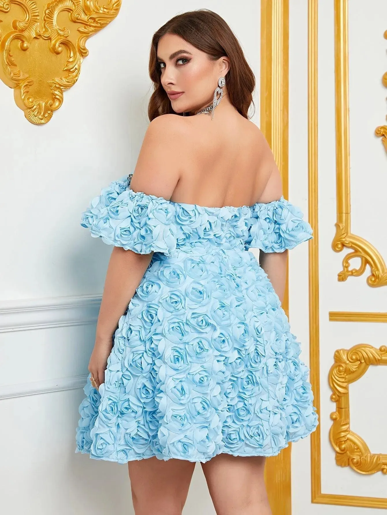 Plus Off Shoulder 3D Flower Graduation Dress