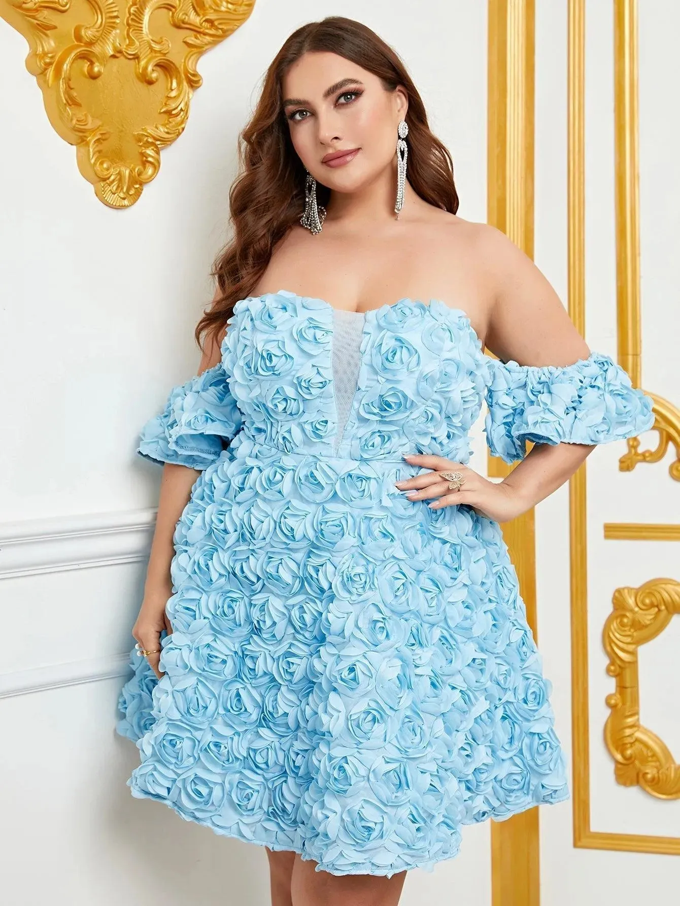 Plus Off Shoulder 3D Flower Graduation Dress