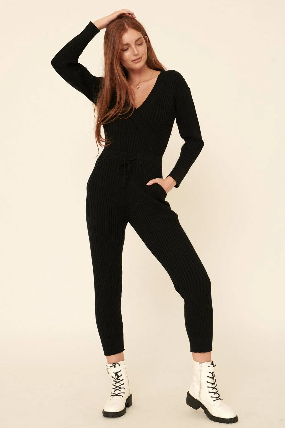 Ribbed Knit Surplice Sweater Jumpsuit