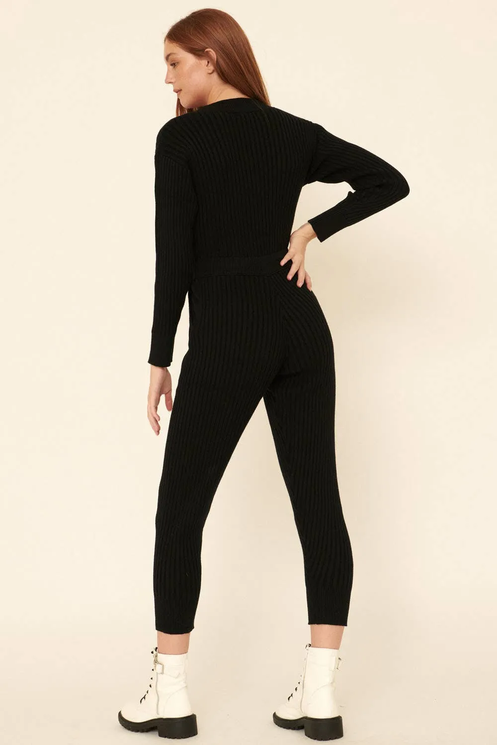 Ribbed Knit Surplice Sweater Jumpsuit