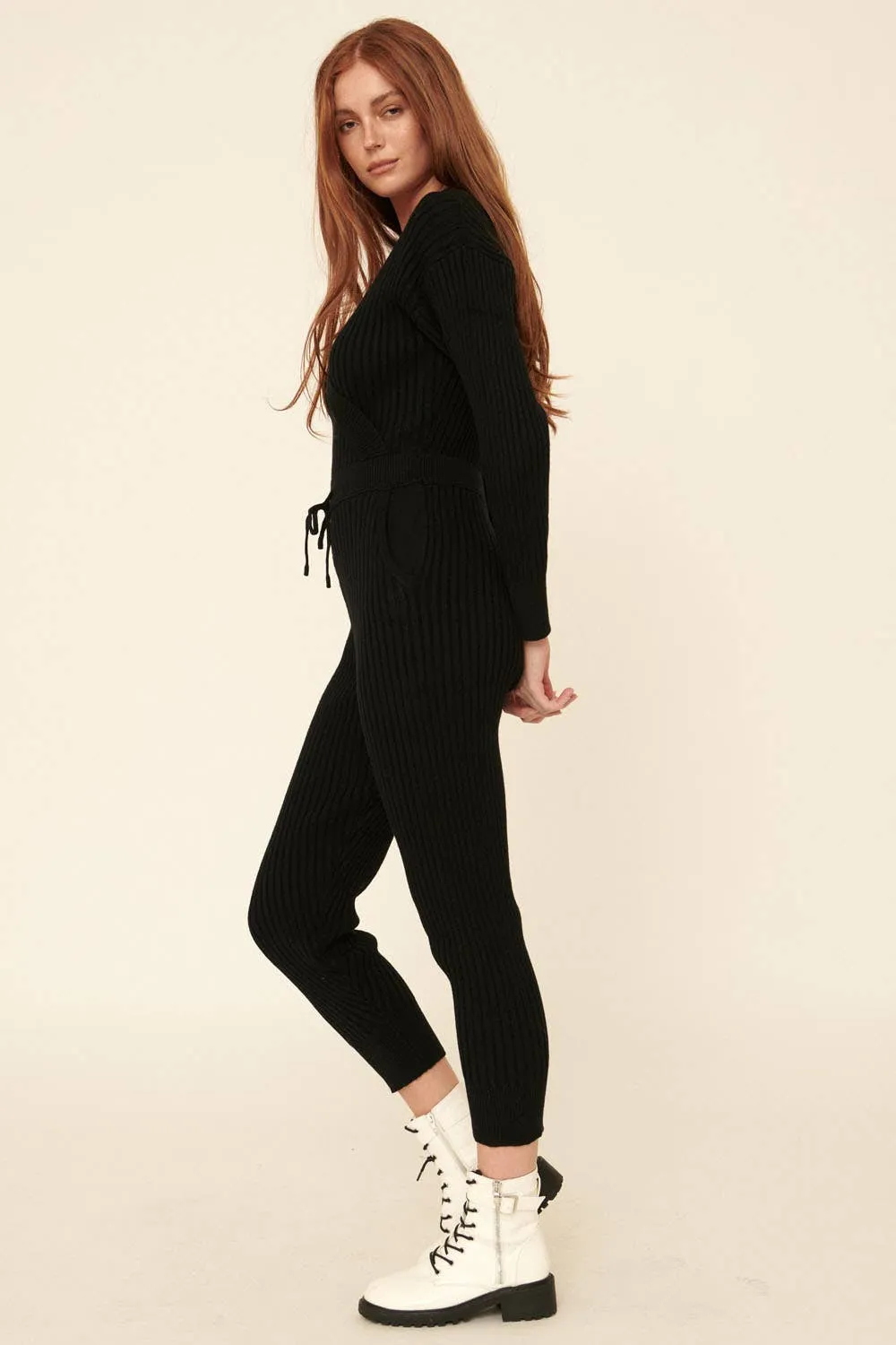 Ribbed Knit Surplice Sweater Jumpsuit