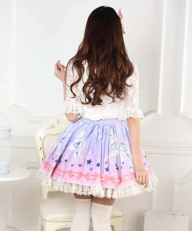 Sweet Ombre Pink Unicorn Printed Lace Lady's Lolita Skirt