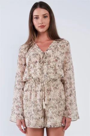 Taupe Floral Multi Color Print Wrap V-Neck Relaxed Fit Long Sleeve Chest Tassel Tip Self Tie Romper /1-2-2-1