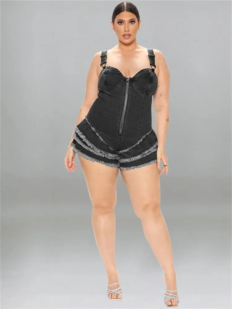 Trend4us Plus Size Denim Ruffle Hem Corset Romper