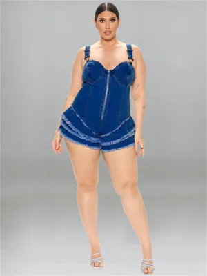Trend4us Plus Size Denim Ruffle Hem Corset Romper
