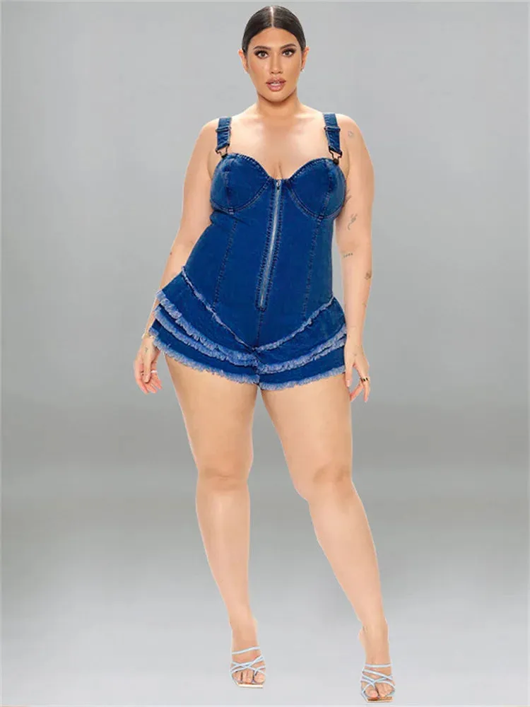 Trend4us Plus Size Denim Ruffle Hem Corset Romper