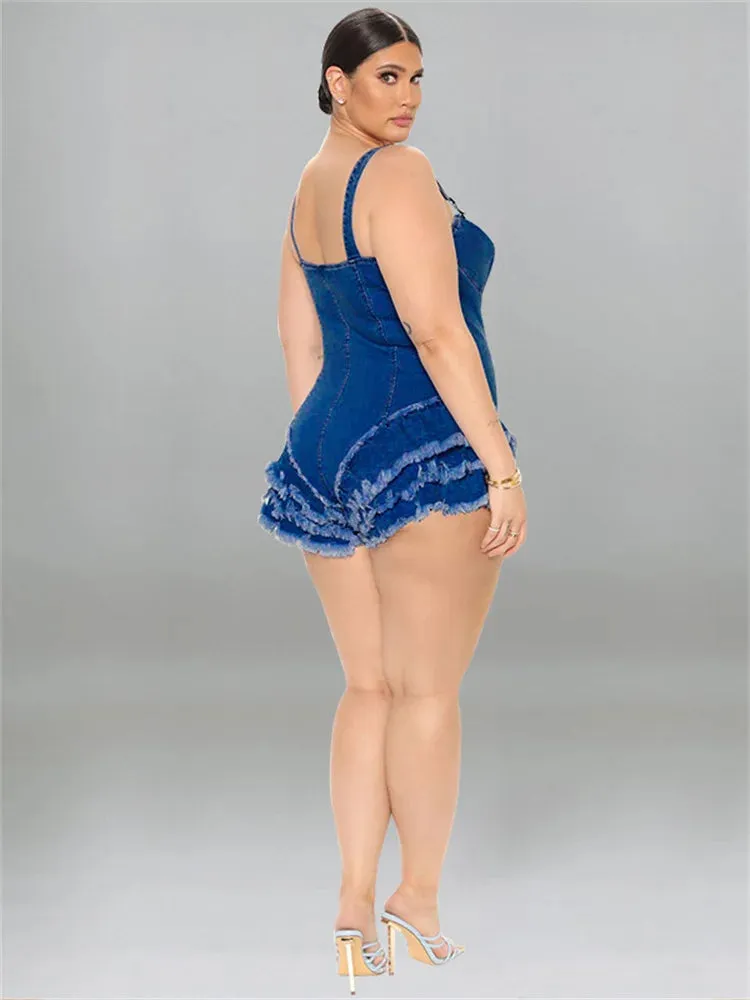 Trend4us Plus Size Denim Ruffle Hem Corset Romper