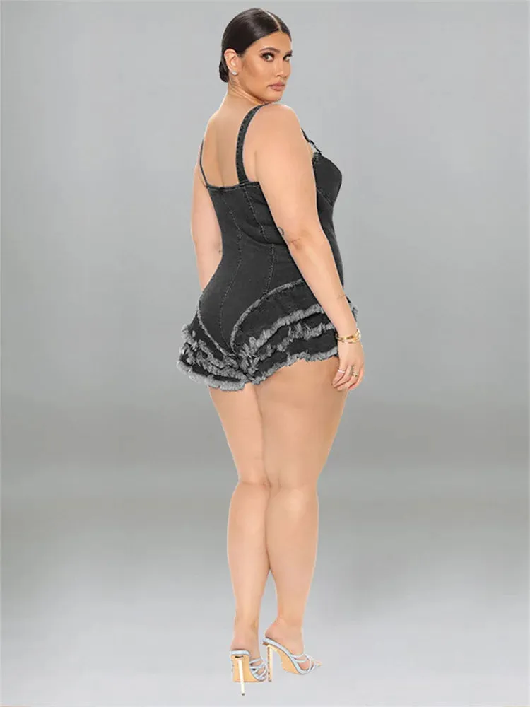 Trend4us Plus Size Denim Ruffle Hem Corset Romper